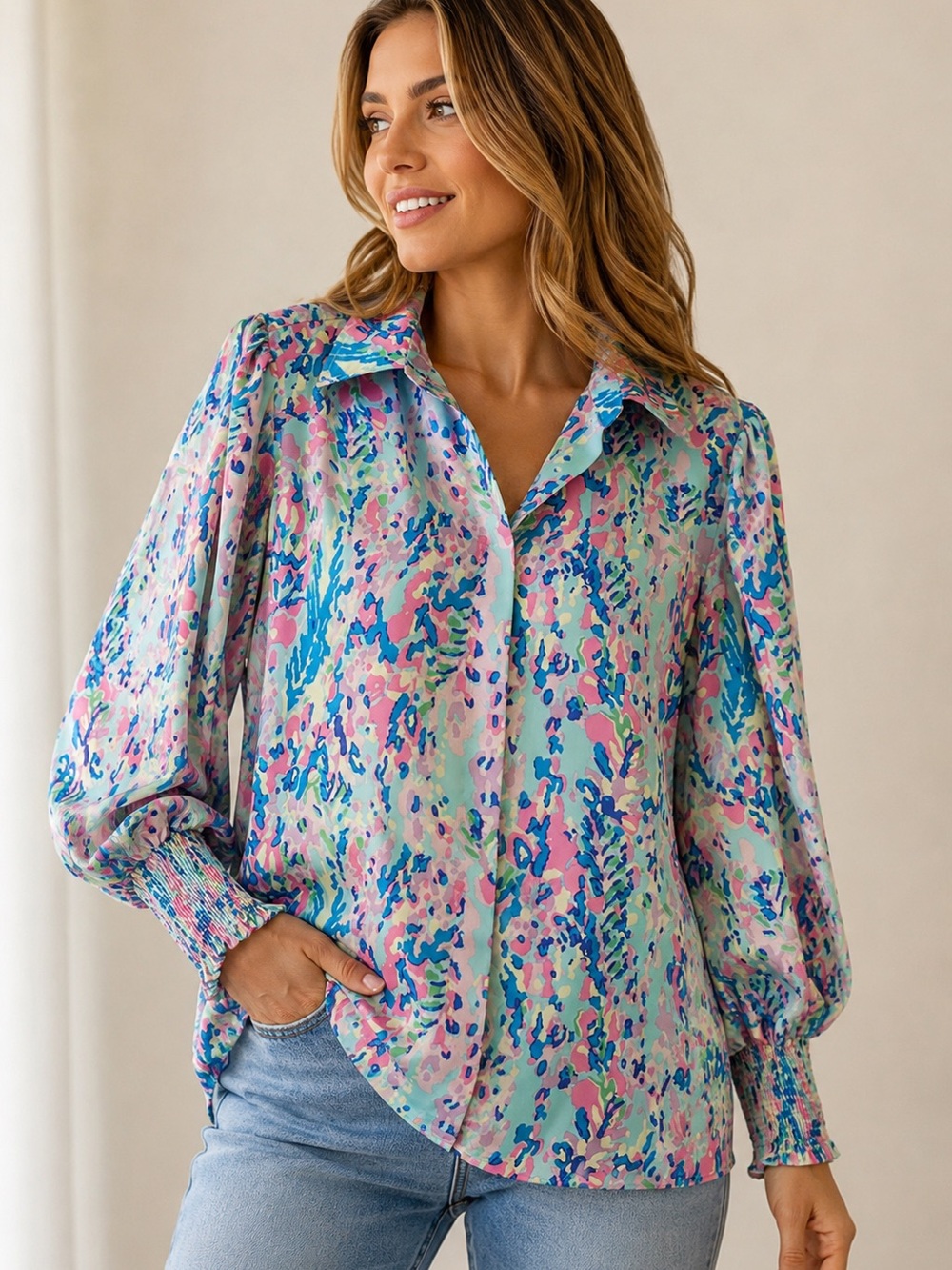 Like New! Colorful Abstract Print Long-Sleeve Blouse - Pink & Blue- Size Large